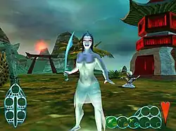 Standing in the foreground against a backdrop of oriental structures is a topless female humanoid. She has red eyes and wears a translucent skirt. She holds a tulwar in her right hand. Behind her stands a big-headed humanoid who is striking poses.