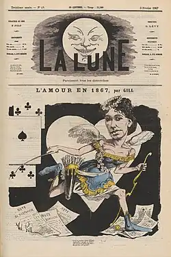 Black and white caricature drawing of a woman in Victorian dress with exaggerated features