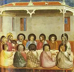 Giotto, Scrovegni Chapel, 1305, with flat perspectival haloes; the view from behind causes difficulties, and John's halo has to be reduced in size.