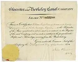 Founder's share of the Glocester and Berkeley Canal Company, issued 29 September 1794, printed on vellum. The proprietors of this canal were authorised to raise the sum of £140,000 to be divided into shares of £100 each. If the former sum be insufficient, then they raise a further sum of £60,000.