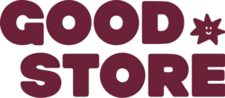 Plum-colored wordmark logo reading "GOOD.STORE". The period is replaced with a spiky shape with a smiley face.