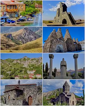 From top left: Downtown Goris • Goris gate Zangezur Mountains around Goris Bell Monument • Settlement of old Kores Grigor Tatevatsi statue Surp Hripsimé Basilica • Saint Gregory Cathedral