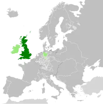 Map of Great Britain (dark green), Ireland and Hanover (light green) in 1789