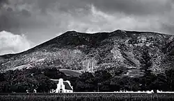 A view of the main house and surrounding hills in black and white.
