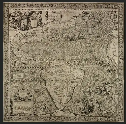 Image 10 Americae Sive Quartae Orbis Partis Nova Et Exactissima Descriptio Map: Diego Gutiérrez and Hieronymus Cock Americae Sive Quartae Orbis Partis Nova Et Exactissima Descriptio is an ornate geographical map of the Americas made in 1562 by Spanish cartographer Diego Gutiérrez and Flemish artist Hieronymus Cock. The map encompasses the eastern coast of North America, the whole of Central and South America, and parts of the western coasts of Europe and Africa. This is the earliest scale wall map of the New World and the first to use the name "California". Two extant copies are known. More selected pictures
