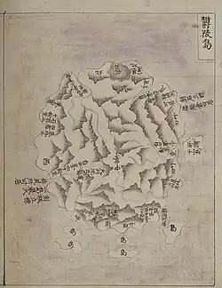 廣輿圖 (Gwang Yeodo,1737-1776) This map showed Ulleungdo with a small island off its eastern shore labeled as "the so-called Usando" (所謂 于山島).