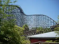 The lift hill of the lion track as it ascends 105.4 ft (32.1 m) and turns to the right towards the 91.8 ft (28.0 m) drop. Pieces of track and tree foliage circumnavigate in the foreground.