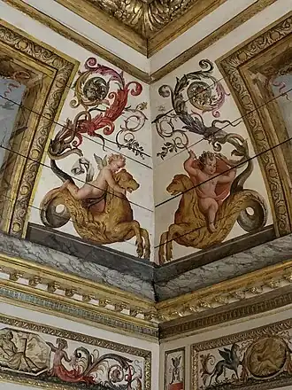 Baroque rinceaux with putti painted on the boiserie of a room from the Hôtel Colbert de Villacerf, now in the Musée Carnavalet, Paris, unknown architect, sculptor and painter, c.1650[184]