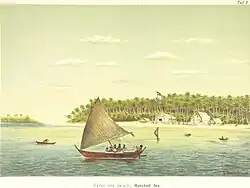 Image 40German trading station at Jaluit Atoll with a Marshallese korkor outrigger canoe in the foreground (from Micronesia)