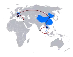 Map of Europe and Asia, with the race marked
