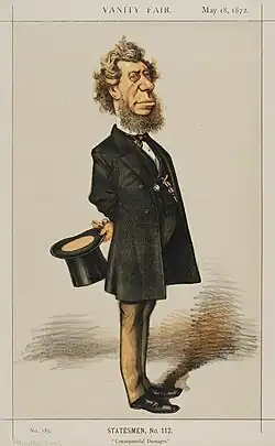Color caricature sketch of Sec. Hamilton Fish with extended beard in standing position holding top hat in hand.