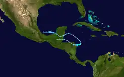 An image depicting the track of a short-lived 2014 tropical cyclone within the North Atlantic Basin.