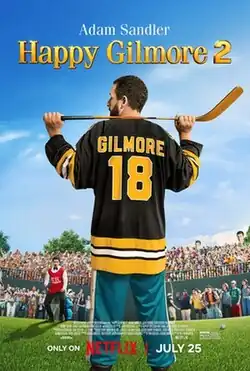 At a golf course, Adam Sandler as Happy Gilmore, stands in front of the audience who is cheering for Happy as he is seen looking at his left while holding on a hockey stick. His Hockey Jersey at the back reads "Gilmore" with the number 18.