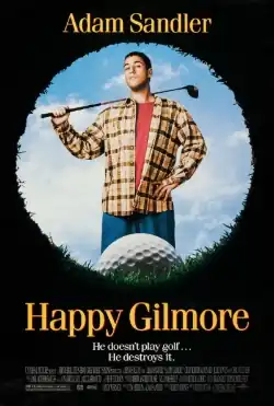 Happy Gilmore standing behind a golf ball while holding a club