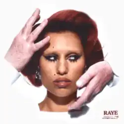 Raye looking to the right with hands of a white person around her