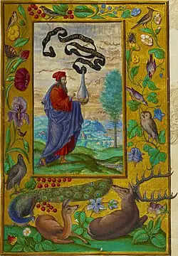 First Treatise: a philosopher holding an alchemical flask from the top of which ascends a black scroll, standing in a natural landscape. The scroll reads "Let us seek the natures of the four elements".