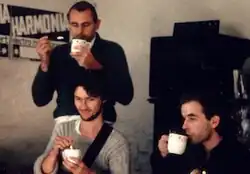 Harmonia: Roedelius (top), Rother (left), and Moebius in Forst, Germany circa 1976.