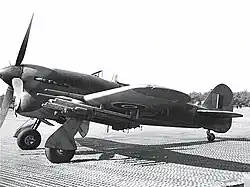 Hawker Typhoon fighter warplane, armed with 60lb RP-3 rockets and cannon.