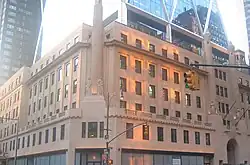 Exterior of the lower Art Deco building, seen from a corner