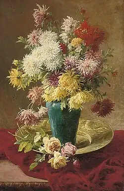 Henri Biva, Chrysanthemums and roses in a vase on a salver, oil on canvas, 122 x 77.8&nbsp;cm