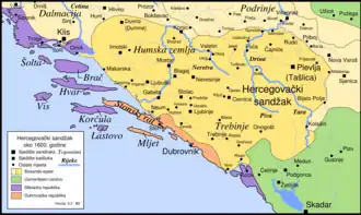Map of the Sanjak of Herzegovina in 1600 indicating Soko near Piva and Tara