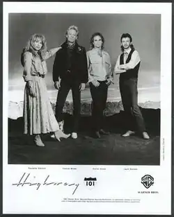 1980s promotional image depicting Highway 101's original lineup (L-R: Paulette Carlson, Cactus Moser, Curtis Stone, Jack Daniels)