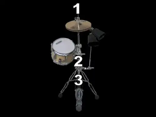 1 Hi-hat rod and clutch, 2 Tom and cowbell clamp holders, 3 HiHat legs and pedal