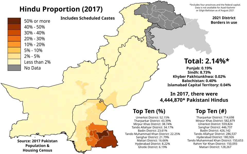 Hindu proportion of each Pakistani District of each Pakistani District as of the 2017 Pakistan Census