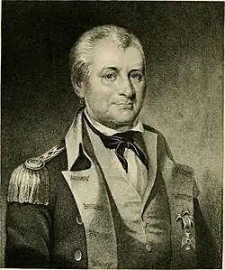 A sepia illustration of a man, shown from the chest up, in the uniform of an American Revolutionary War-era military officer