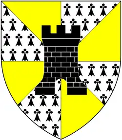 Gyronny of eight or and ermine, over all a tower triple-turreted sable.