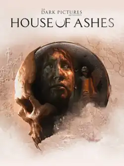 The cover art for House of Ashes. In the foreground is the logo of The Dark Pictures Anthology, a skull facing the left side of the image. The skull possesses a pair of vampire-like fangs. An image of Rachel King, covered in blood, and a picture of a Pazuzu statue are overlaid on the cranium.