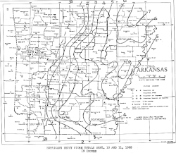 Black and white contoured map of precipitation in a state. Cities and county borders are marked.