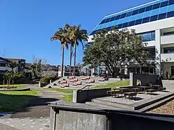A picture of a park, with grass and path moving through. On the right are many picnic benches and tiered steps with lounge chairs.