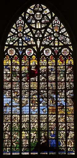 Western façade: stained glass window by Jan Haeck after Bernard van Orley depicting the Last Judgement (1528)