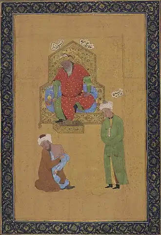 Depiction of Jalaluddin Khalji during his reign on the throne of Delhi. Before him is a Dervish, while next to him is Khwaja Hasan.