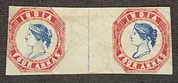 Two four anna stamps issued in 1854. Stamps were issued for the first time for all of British India in 1854. The lowest denomination was anna blue, followed by 1 anna red, and 4 annas blue and red. The stamps were printed from lithographic stones at the Surveyor-General's Office in Calcutta.