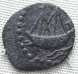 Indian ship on lead coin of Vasishthiputra Pulumavi.