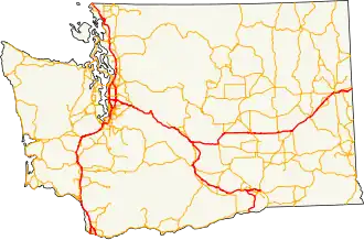 A map of the state of Washington, with its seven Interstate highways highlighted in red.