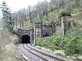 The western end of the tunnels which run beneath the steeply sloped Commoncraig. The tunnel on the right has been out of use since electrification of the Wemyss Bay line in 1966.