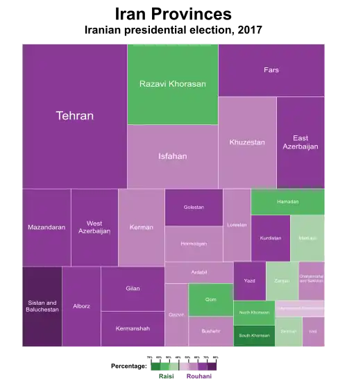 Iranian presidential election, 2017 by province. The size of each province is proportional to its population.