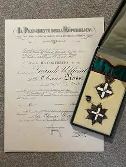 Bestowal document of a Grand Officer grade with the insignia
