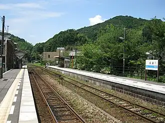 A view of the station platforms and tracks looking in the direction of Mugi. The level crossing can be seen in the distance.