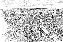 1955 drawing by Jack Frost. Haymarket Square is in the center, with the new Central Artery at right.