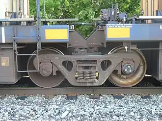 Closeup of a truck with four specially adapted side bearings and an articulated connector between two sections of an articulated well car