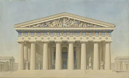 19th century illustration of the main façade of the Ancient Greek Temple T at Selinunte, Sicily, Italy, showing how all the ancient Doric buildings were polychromatic, by Jacques Ignace Hittorff, before 1859