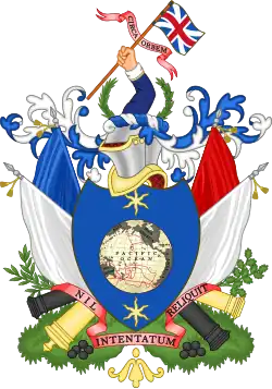 A globe of the earth, drawn on a blue shield. Above it, a knight's helmet, and an arm holding a British flag. Below it, cannons.