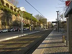 The station looking south, with the Serra do Pilar Monastery to the left
