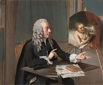 Portrait of dr François Tronchin, 1757, pastel on parchment. Tronchin is looking at Rembrandt's Woman in Bed