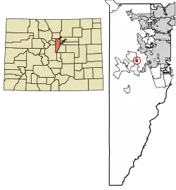 Location of the Idledale CDP in Jefferson County, Colorado.