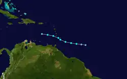 Track map of a short-lived and disorganized tropical storm through the Central Atlantic and eastern Caribbean Sea